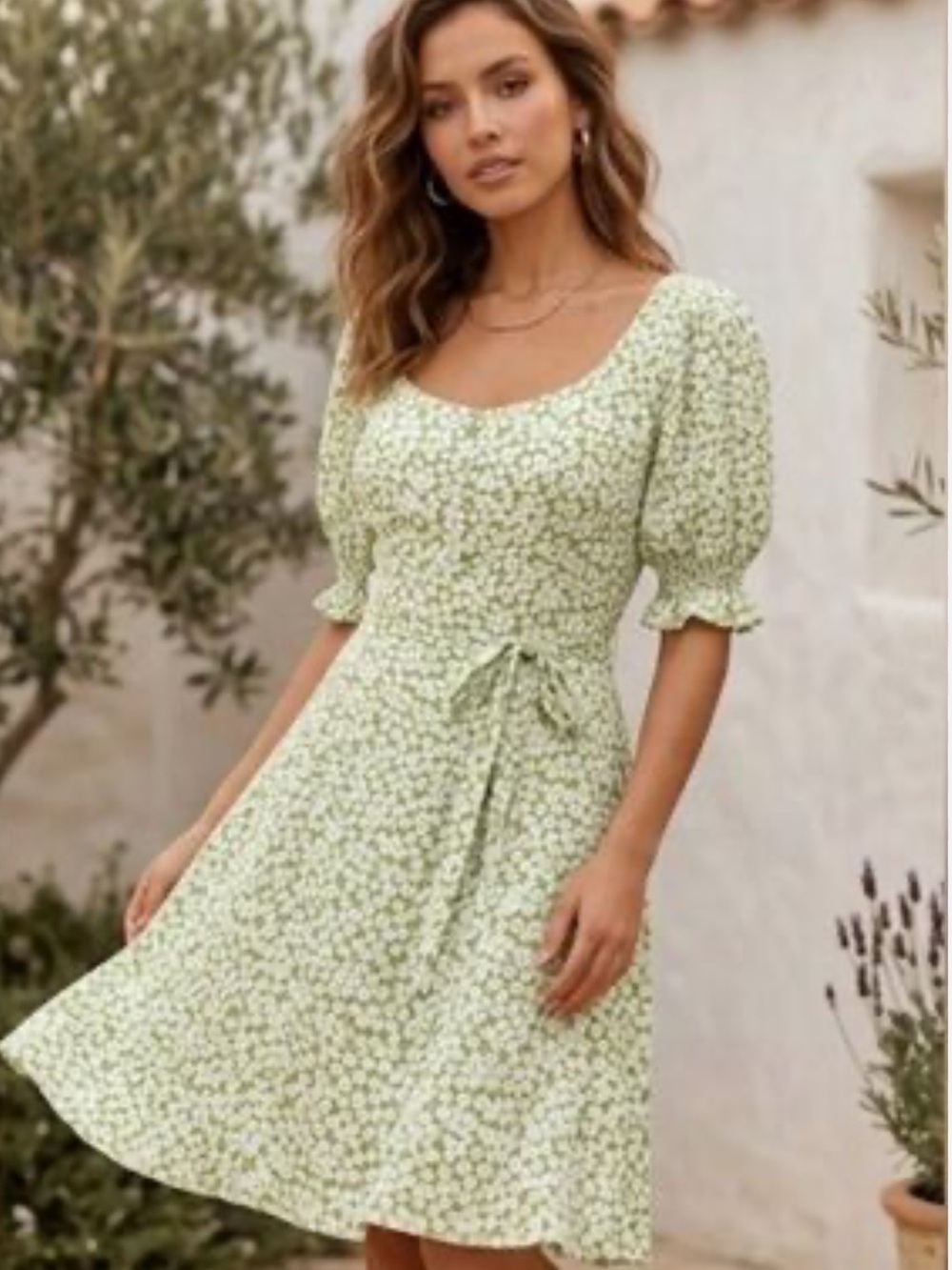 Faithfull The Brand Floral Puff-Sleeve Scoop Neck Dress in Light Green size 6